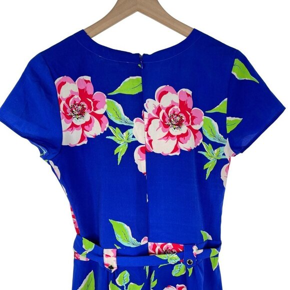 Yumi Kim Floral Romper Small VNeck Short Sleeve Belted Dodger Blue - Picture 8 of 13